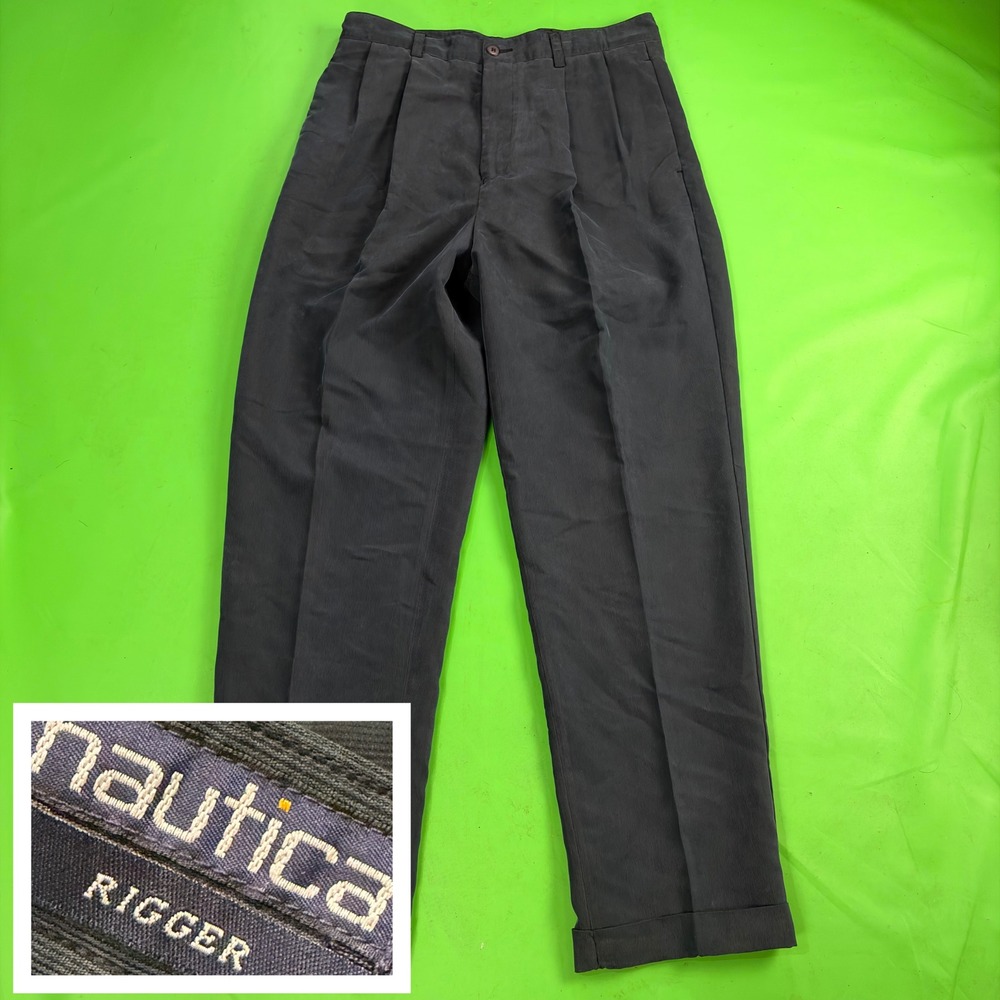 VTG 90s Nautica Rigger Pants Mens 34/32 Black Pleated Cuffed Corduroy-Texture